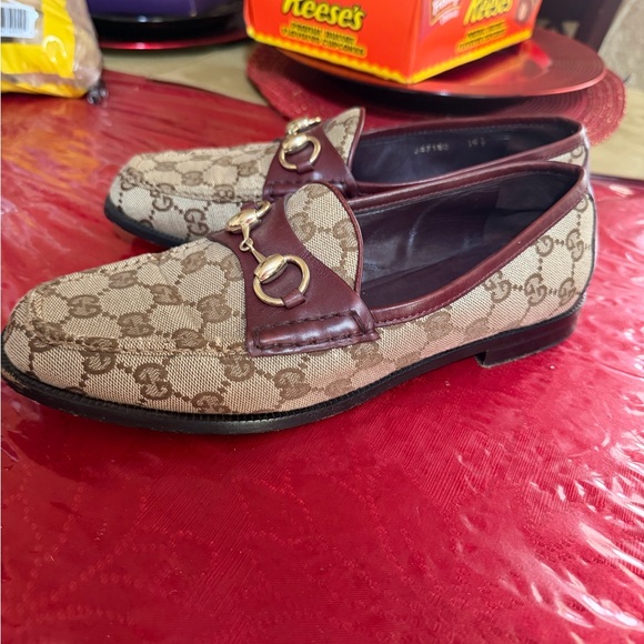 Gucci Brown GG Canvas Loafers with Burgundy Trim & Gold Horsebit - Picture 5 of 8